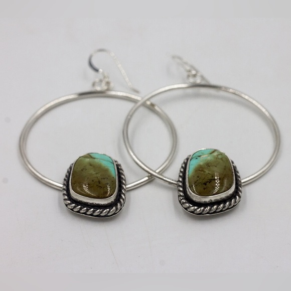 2” Sterling Silver Kingman Turquoise Hoop Earrings - Picture 2 of 3